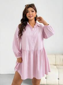 Shapeblank Plus Size Women's Autumn Casual Loose Lightweight Comfortable Slimming Allover White Long Sleeve Button-Up Shirt Dress Teachers' Day Brunch Office - Pink - View 5
