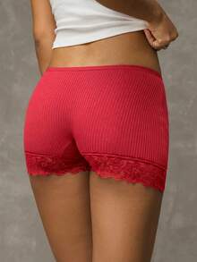 Esseday Women's Solid Color Contrast Lace Safety Shorts - Red - View 2