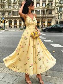 SHEIN PariChic 女款夏季花卉印花抽褶腰細肩帶洋裝，適合海灘度假、旅行與拍照 - 彩色 - 查看 4