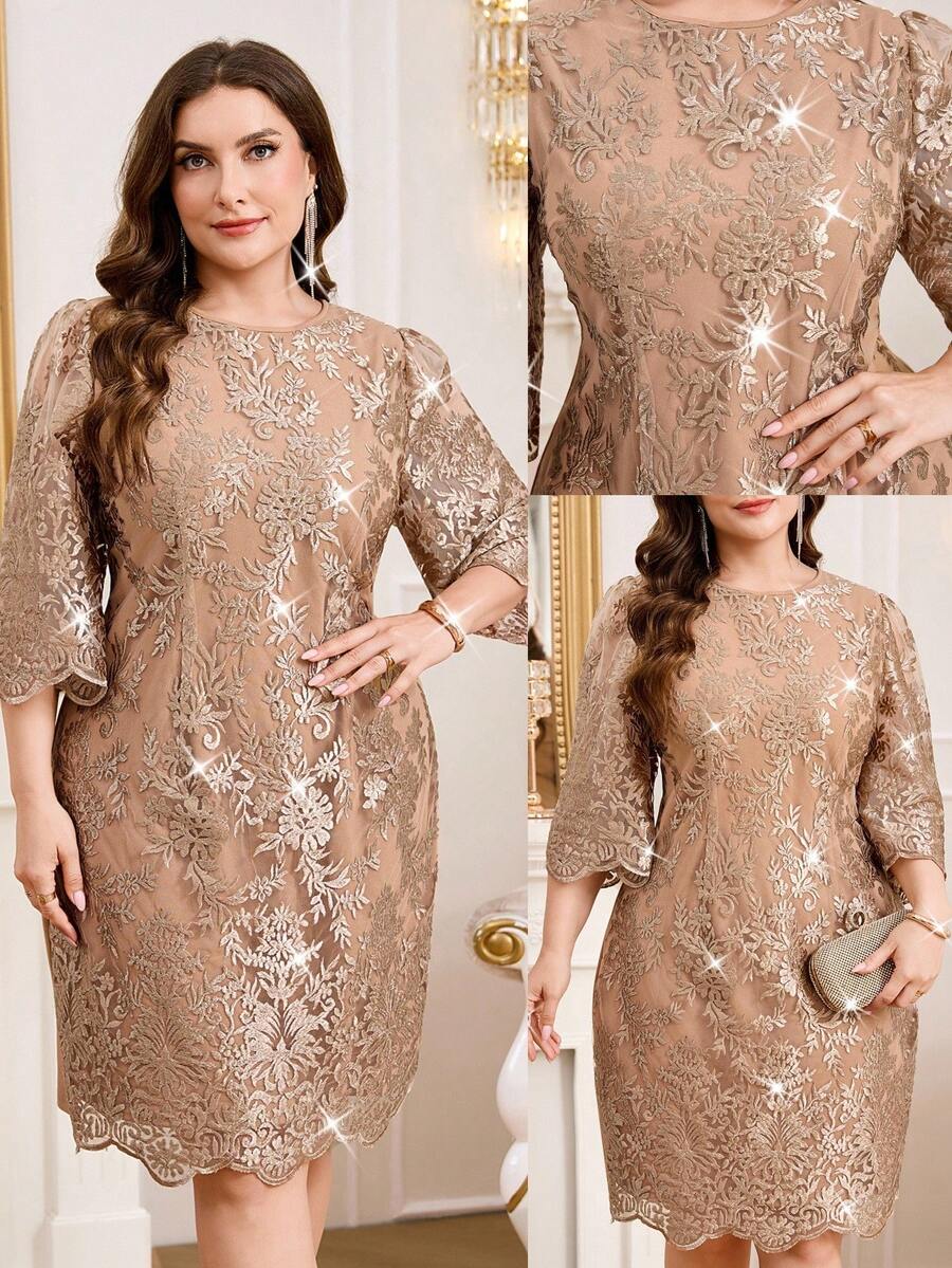 Ellevyn Plus Size Elegant Party Gym Wedding Embroidered Mesh Dress Brown Autumn Fall