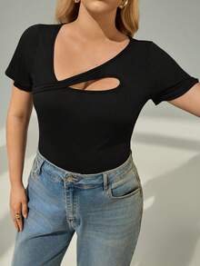 Shapeblank Women's Plus Size New Spring/Summer Fashionable Black Hollow-Out Slim Fit Short Sleeve T-Shirt, Versatile - Black - View 7