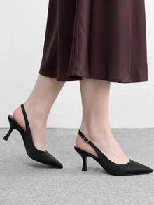CUCCOO BIZCHIC 春夏新款尖頭細高跟中跟黑色布面女鞋，舒適百搭，優雅氣質，亮面低楦頭後跟加高 - 黑色B - 查看 5