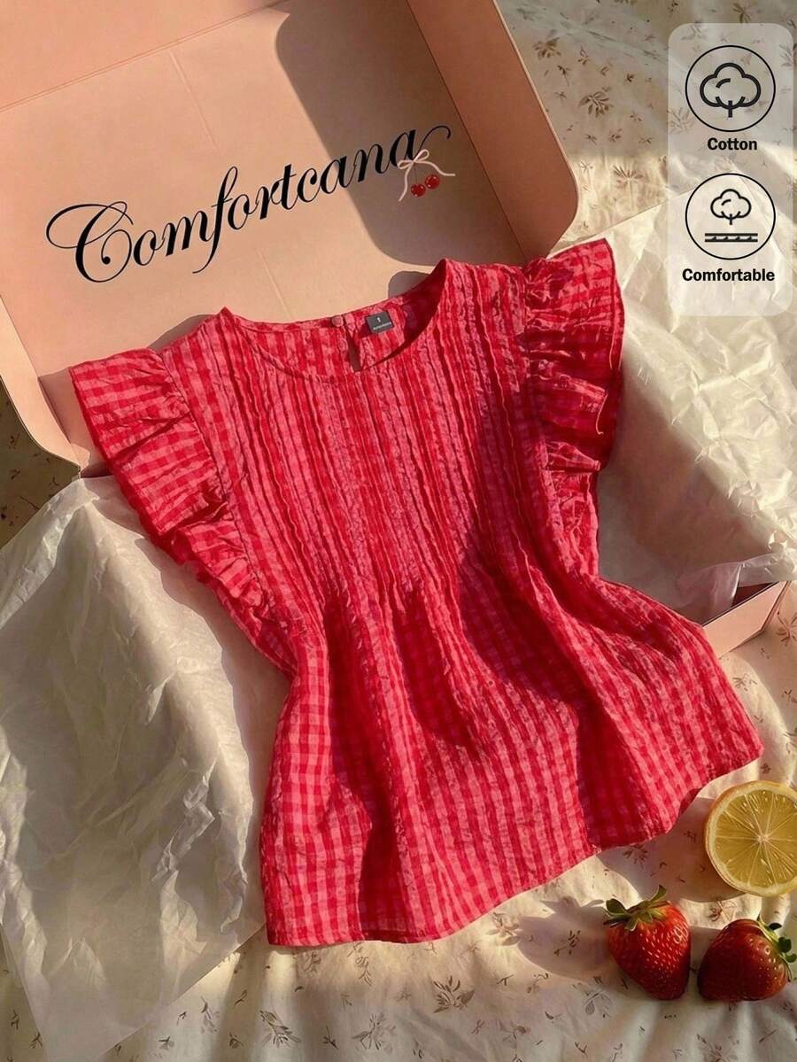 Comfortcana 紅色格紋荷葉袖休閒女款襯衫