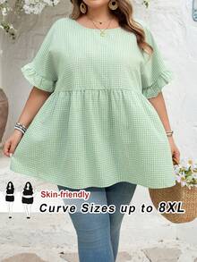 SHEIN CURVE+ Curve Size US22 音樂節、海邊度假、波希米亞 CURVE PLUS / / 女款格紋印花襯衫，適合春夏波希米亞風度假，休閒娃娃風襯衫 - 綠色 - 查看 10