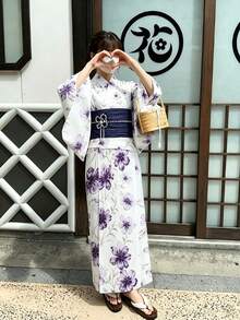 Irokai 日式女款傳統花卉印花和服浴衣 - 紫羅蘭色 - 查看 1