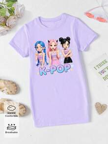 Elladie kids 春夏少女休闲时尚创意个性清新简约可爱卡通虚拟少女团体人物爱心星星图案字母标语印花休闲基础款紫色短袖T恤裙，舒适日常穿着，适合春、夏、秋季穿着。 - 紫色 - 查看 5