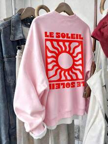 DrmWander Plus Size Casual Vacation Applique Letter Print Crew Neck Long Sleeve Sweatshirt - Pink - View 6