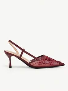 CUCCOO CHICEST Women Shoes Spring And Summer New Models, Mesh Embroidered Backspace Sandals, Pointed Toes, Stiletto High Heels, Retro Light And Mature Style, Commute - Burgundy - View 3