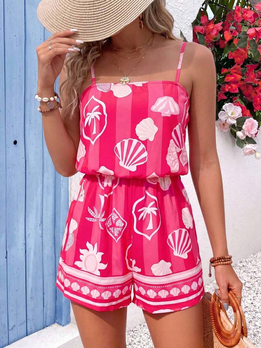 Vivid Eden Mono de verano con cordón para mujer, estampado de bloques de color con palmeras tropicales y conchas, para vacaciones en la playa - Rojo y blanco - View 1