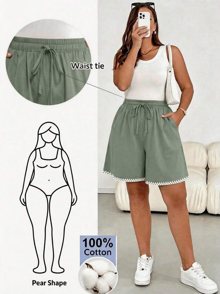 Shapeblank 大尺碼女款抽繩腰休閒百搭日常穿著短褲 - 綠色 - 查看 1