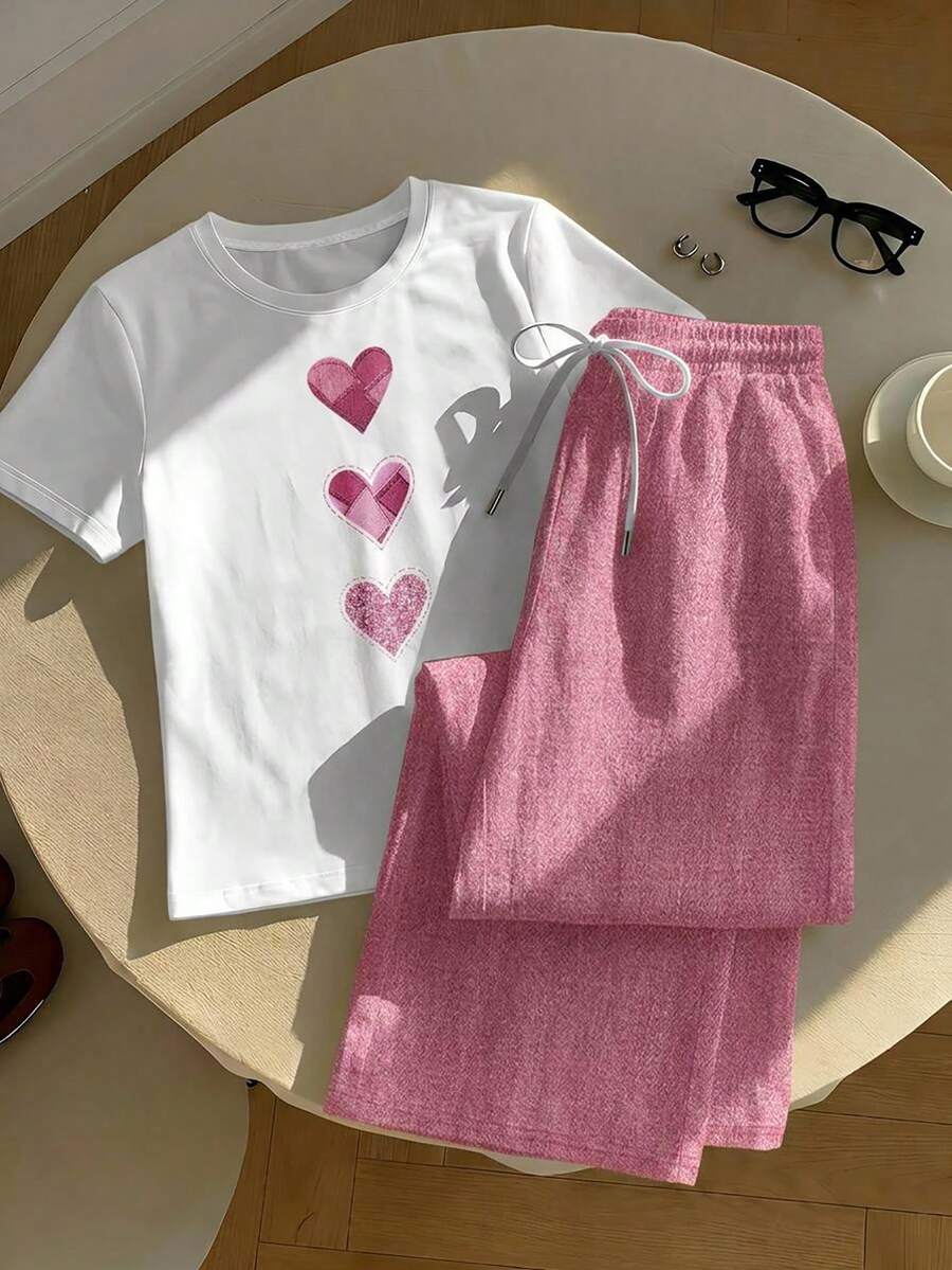 Muvela 2pcs Set Embroidered Round Neck Short Sleeve Top And Striped Print Pants, Casual - Pink - View 1