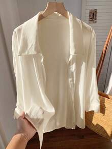 Comfortcana Camisa blanca lisa de manga murciélago para primavera - Albaricoque - View 4