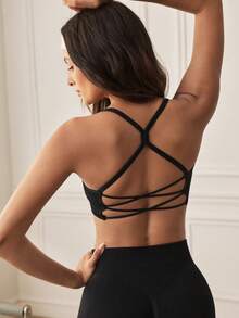Eassivo Eassivo Leopard Print Backless Halter Sports Bra - Black - View 2