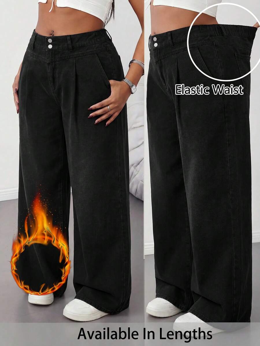 SHEIN Tall CURVE 大尺碼時尚百搭口袋鈕扣寬鬆牛仔褲 女款牛仔女孩風冬季秋季服飾