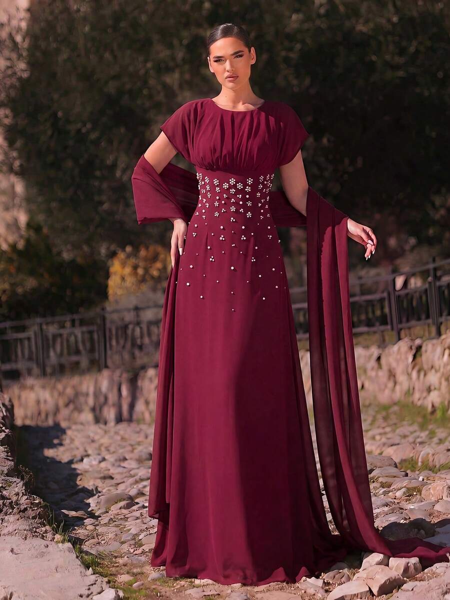 Aureia 優雅浪漫時尚雪紡布料水鑽裝飾抓褶修身A字裙 派對禮服 婚禮賓客禮服 單身派對禮服 正式晚禮服 - 酒紅色 - 查看 1