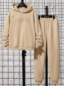 SHEIN 兒童青少年男孩壓紋長袖連帽衛衣與長褲2件套 - 卡其色 - 查看 6
