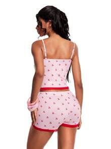 INAWLY Women's Cherry Print Contrast Lace Camisole And Shorts Set Lounge Sleep Blush Pink Summer Cute - Pink - View 3