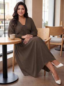 SHEIN Lady CURVE 大码女式纯色休闲宽松长袖抽绳连衣裙 - 棕色 - 查看 8