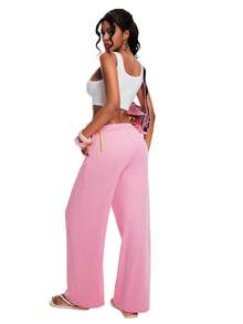 Zyxie LOONEY TUNES X SHEIN Women's Solid Color Drawstring Waist Casual Versatile Wide Leg Pants For Daily Wear - Pink - View 2