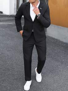 Manfinity Mode 男士纯色休闲商务西装套装，适合日常通勤、轻松的工作环境或半正式场合，也是送给男友和丈夫的绝佳礼物。 - 黑色 - 查看 5