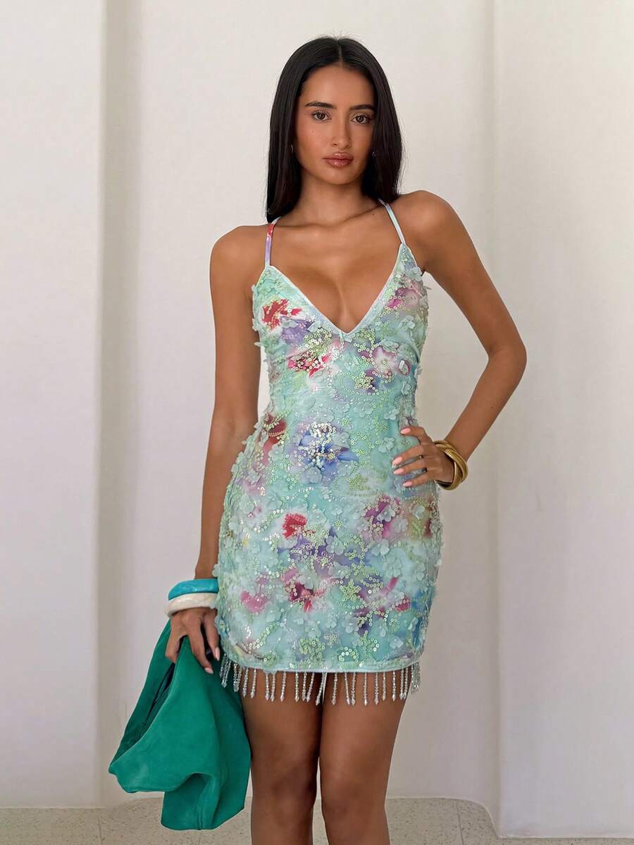 SHEIN Glamour 女款貼花亮片時尚約會夜店派對迷你細肩帶洋裝 淺綠色 夏季性感休閒 - 綠色 - 查看 1