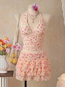 Swim Mod Women's Floral Print Halter Tie Tankini And Ruffle Mini Skirt Two-Piece Swimwear Set Beach Vacation Cream Summer Cute Flowy - Light Yellow - View 9