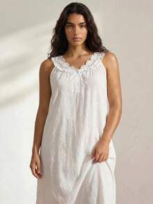 Ocili Leisure Comfortable Minimalist 100% Cotton Plain Weave Embroidered Water-Soluble Lace Women's Loungewear Dress Plus Size Nightgown - White - View 5
