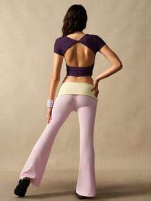VARSIVA Workout Women Tops Casual Solid Color Cropped Sports T-Shirt, Summer Bustier Crop Sports Tee - Purple - View 3