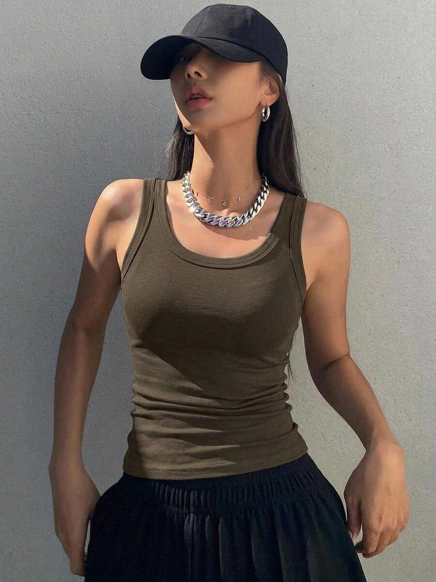 DAZY Camiseta sin mangas de unicolor versátil y casual para el verano - Verde Oliva - Ver 1