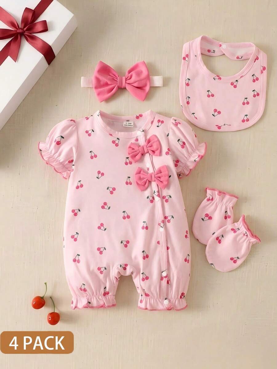 SHEIN 新生兒甜櫻桃蝴蝶結女嬰連身衣 4件套,新生兒滿月禮盒 - 粉色 - 查看 1