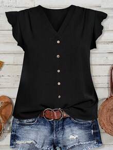 SHEIN Clasi Plus Size Women Summer Simple Solid Color Ruffle Button Decor Blouse - Black - View 7