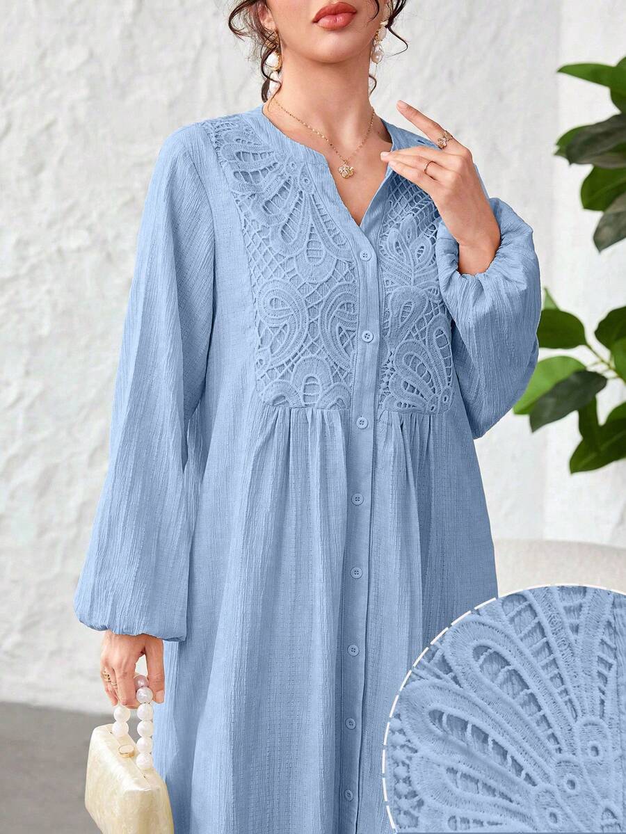 Al Najma V-Neck Embroidered Patchwork Textured Solid Color Arabian Dress - Blue - View 1