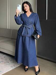 Dazy Plus 春夏女款優雅純色V領繫帶襯衫與A字裙兩件套，大尺碼 - 深色水洗藍 - 查看 7