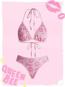 Mean Girls | ROMWE Ensemble de lingerie avec soutien-gorge triangle à col ras-du-cou et culotte, imprimé amusant de oreilles de lapin et lèvres de dessin animé - Rose bonbon - Voir 1