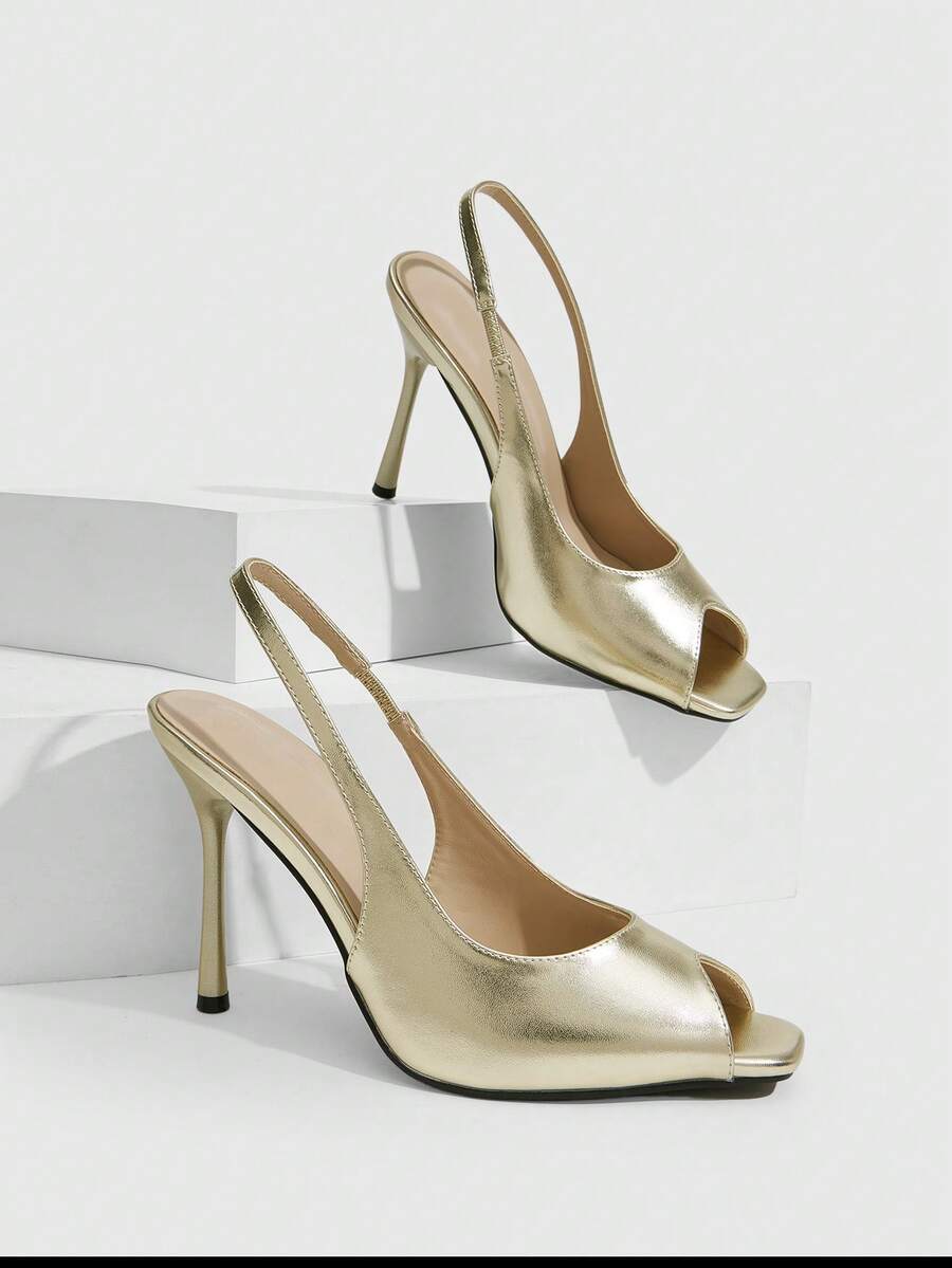 CUCCOO SZL Spring And Summer New Square Toe Rear Strap Stiletto Temperament Commuter Sandals - Gold - View 1
