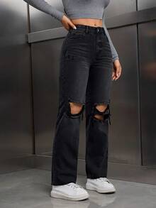 SHEIN Tall Jeans de mezclilla casuales desgastados para mujer con bolsillos con botones delanteros, estilo básico, para mujeres altas - Negro - Ver 5