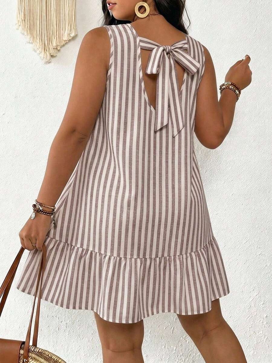 SHEIN Frenchy Vestido de Talla Grande Simple y Versátil con Rayas y Volantes en el Bajo - Multicolor - Ver 1
