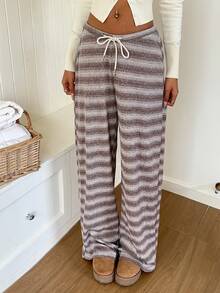 SHEIN EZwear 女款條紋時尚抽繩腰休閒針織運動長褲 - 摩卡棕 - 查看 3