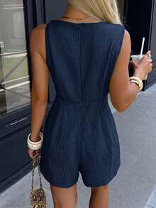 Siren Gaze Romper Wanita Tanpa Lengan dengan Kerah Model Cowl Warna Polos - Navy Blue - View 2
