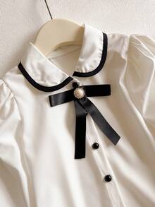 SHEIN 少女黑白經典蝴蝶結裝飾長袖襯衫 - 黑與白 - 查看 4