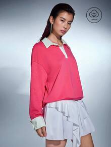 MERLEAU Women's Light Pink White Long Sleeve Polo Shirt Half-Zip Pullover Streetwear Athletic Colorblock Sweatshirt 2 In 1 School Fall Everyday - Hot Pink - View 5