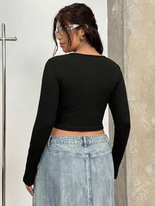 SHEIN EZwear 加大尺寸實色短款t卹 - 黑色 - 查看 2