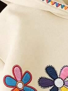 SHEIN 1件青少年女孩刺繡休閒拼色花卉圖案運動衛衣，保暖內裡衛衣，秋冬返校穿搭，時尚百搭，色彩繽紛 - 玫紅色 - 查看 4