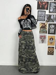 SHEIN Teen Girl Flap Pocket Design Camouflage Workwear Denim Skirt For Rave Festival - Army Green - View 4