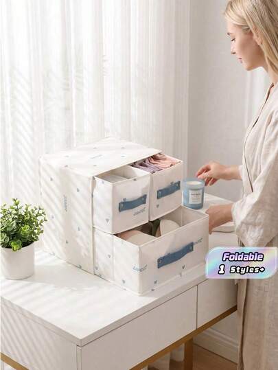 1 pieza Contenedor de almacenamiento de ropa interior de tela blanca de 2 capas y 3 cajones lavable, Contenedor de almacenamiento de tela, Caja de almacenamiento de armario, Contenedor de almacenamiento de calcetines y ropa interior con compartimento cubierto