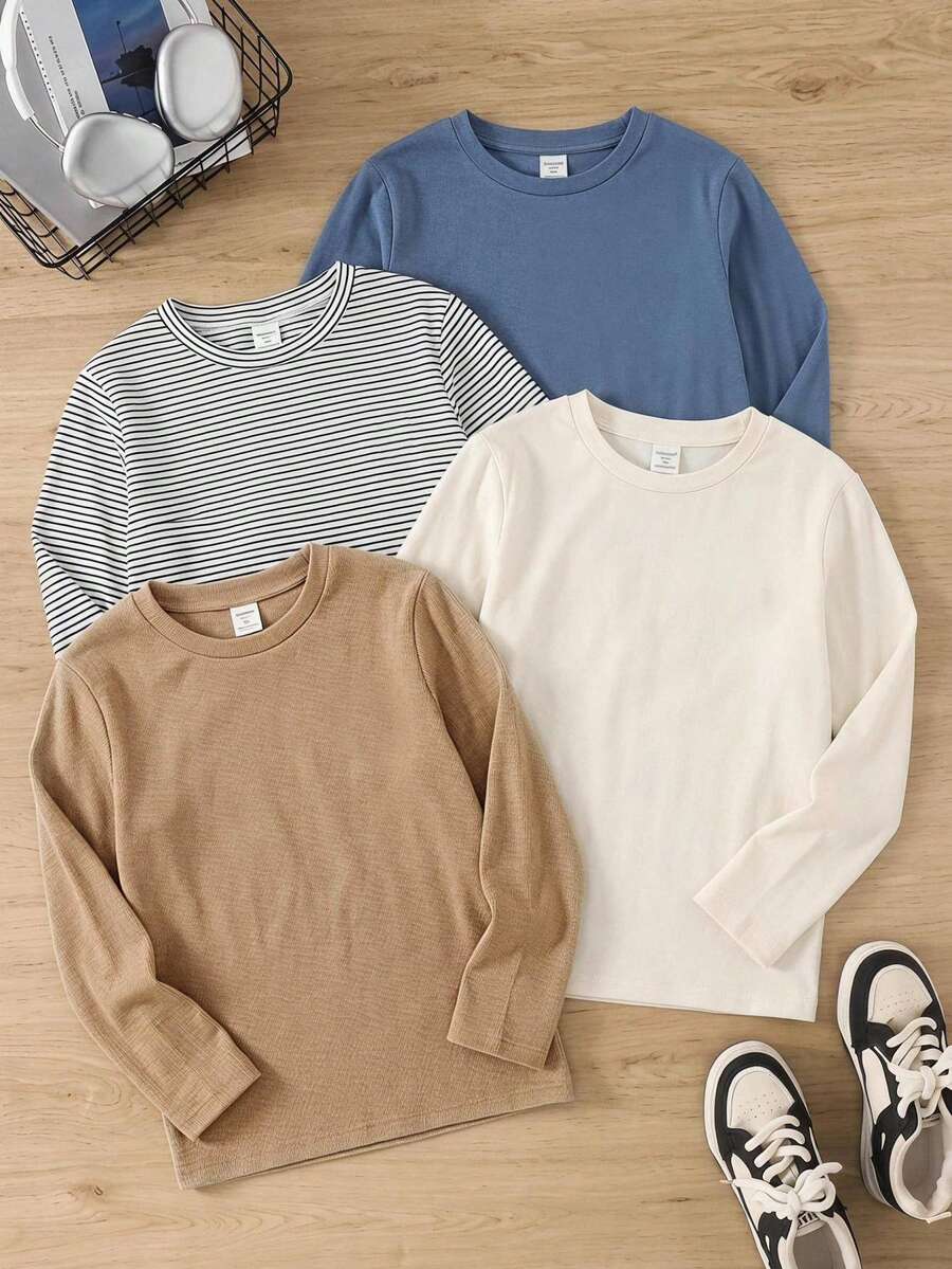 SHEIN 兒童青少年男孩針織柔軟加厚圓領長袖條紋與素色多件套頭T恤內搭4件組,適合通勤、上學、日常休閒、度假、旅行、運動,秋冬適用 - 彩色 - 查看 1