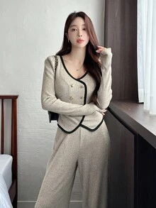 Dazy Tall Setelan Wanita 2 Potong Elegan: Atasan Lengan Pendek dan Celana Panjang Longgar dengan Motif Patchwork Colorblock, Set Pakaian Santai untuk Wanita - Aprikot - View 4