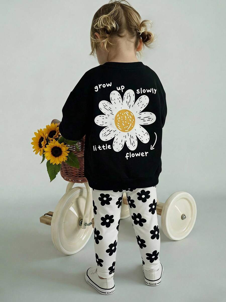 2pcs Baby Girl Floral Pattern Knit Soft Crew Neck Long Sleeve Sweatshirt And Long Pants Set - Black - View 1