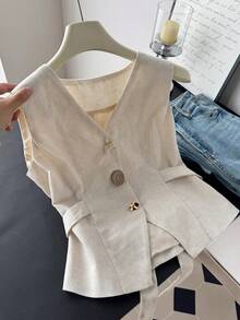 DAZY V-Neck Sleeveless Fitted Beige Linen Fabric Button Decor Waist-Cinching Women's Vest Summer - Khaki - View 5