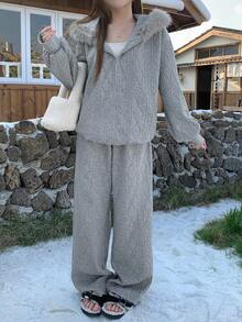 Dazy Tall Women's Fur Collar Patchwork Jacket And Loose Long Pants Casual 2 Pieces Set - Light Grey - View 2